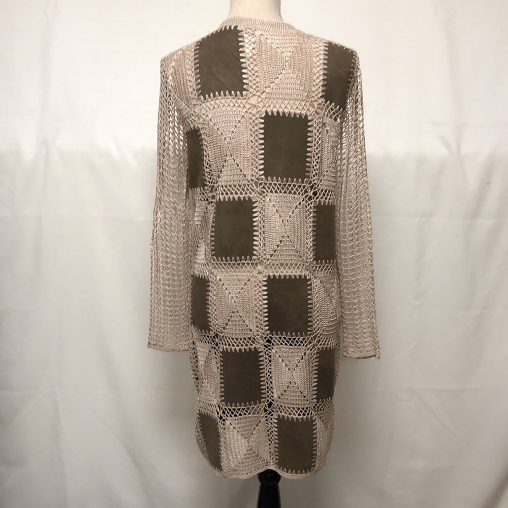Chico’s faux suede patchwork crocheted cardigan. - Picture 6 of 12